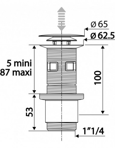 124900 000 00  Универсальный слив для умывальника Cut & Click, закрывающий клапан из латуни, h. 100 мм, хром Valentin Хром  - Вид №2