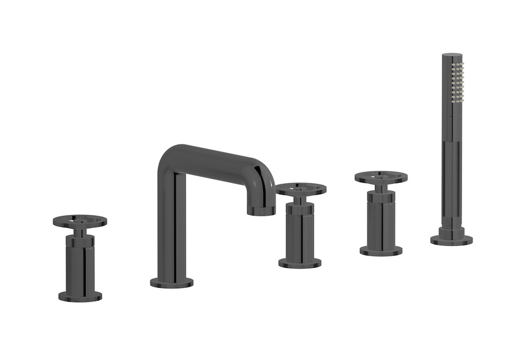 Смеситель на бортик ванной на 5 отверстий с дивертером и душевым гарнитуром. WE ARE IB b1396cf Black Chrome Bold