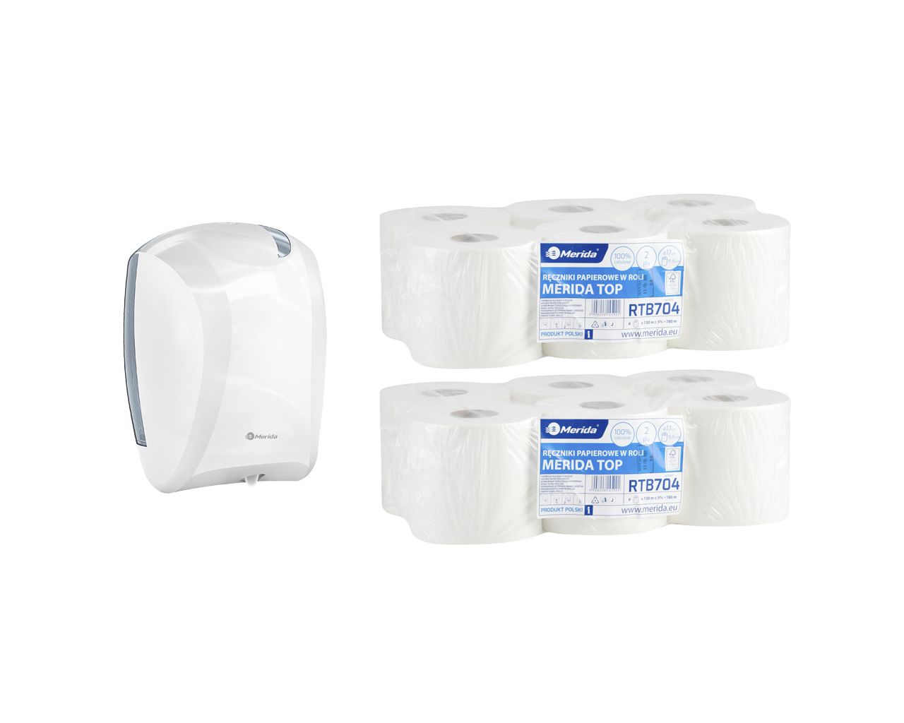 PROMO116 Контейнер для полотенец CENTER PULL белый за 50 злотых нетто при покупке 2 упаковок полотенец в рулоне TOP MINI RTB704 (12 x 130 м = 1560 м) Merida 