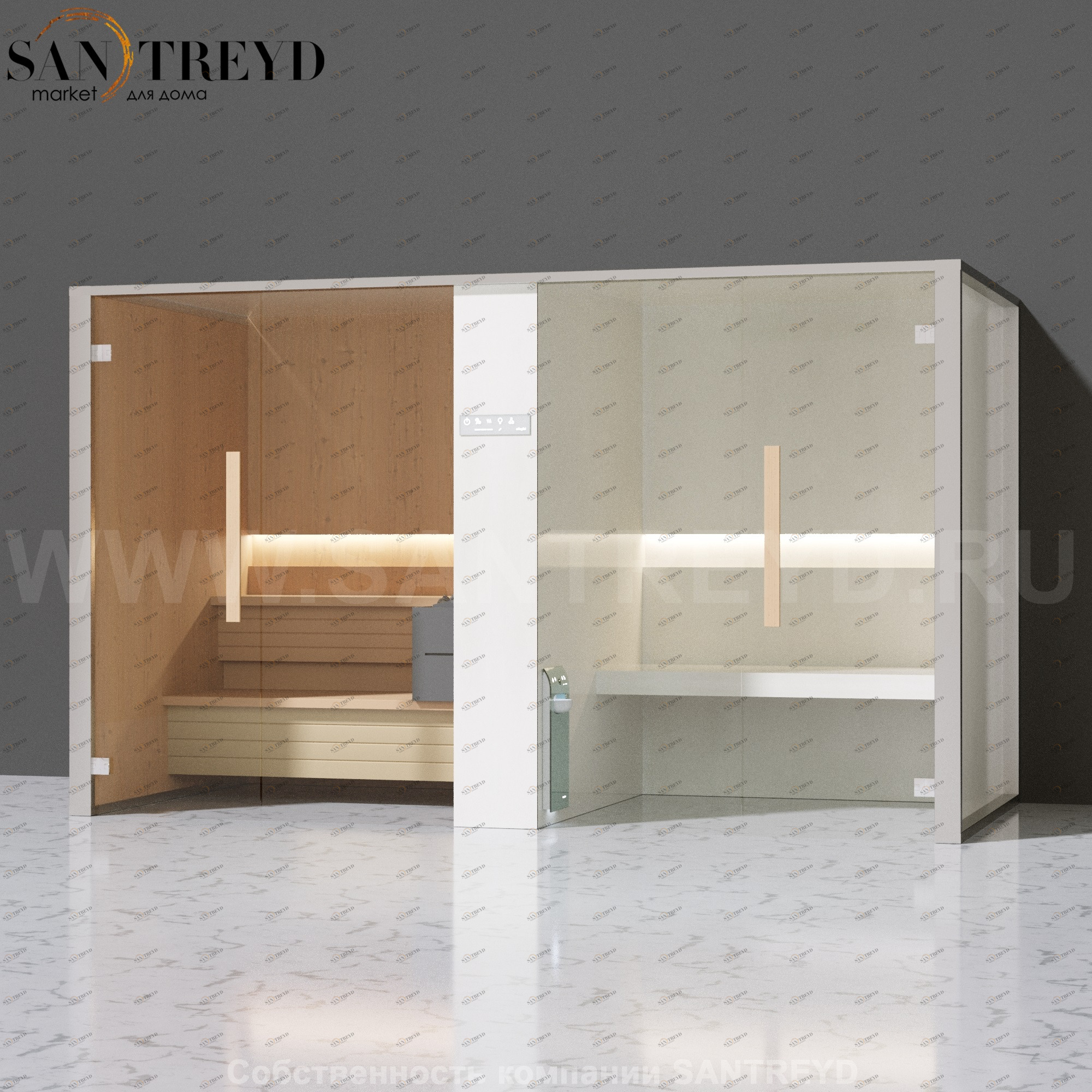 Effegibi LOGICAFILO SH LO41020001 Комбинированная баня: хаммам и сауна. Установка: к стене. Мощность: 10,5 кВт макс. Размеры: длина 373 см, ширина 171 см. Отделка: канадский хемлок, Отделка: канадский хемлок, матовый лакированный белый аллюминий и серый л