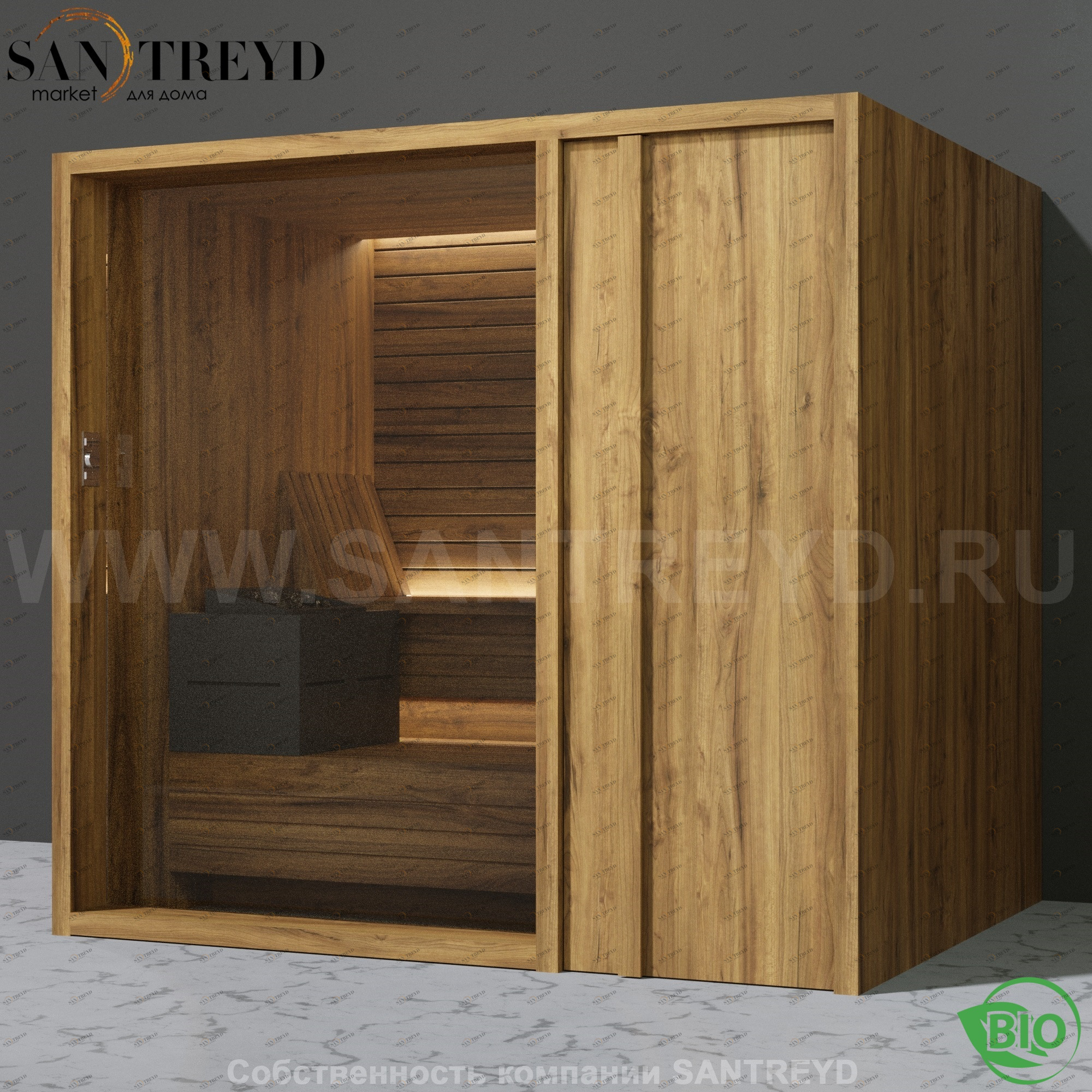 Effegibi YOKU.D105 BI.70200005 Био-сауна с правой дверью. Мощность: 12 кВт макс. Размеры: длина 230 см, ширина 200 см. Отделка: термообработанное дерево BI70200005