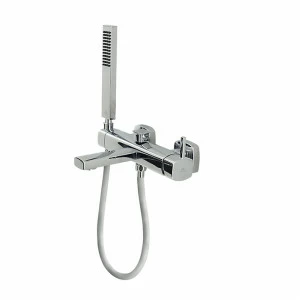 Смеситель для ванны настенного монтажа 1/2 ”. Керамический картридж Ø35 мм. Автоматический переключатель и аэратор «Плюс». Межосевое расстояние 150 +/- 15 мм. Включает 175 см. длинный гибкий душ, ручной душ и настенный кронштейн.  Nk concept NOKEN 1001309