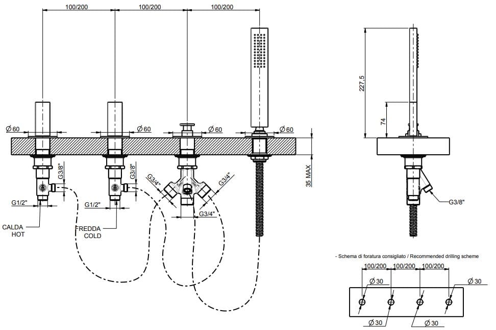 Смеситель для ванны с 4 отверстиями и переключателем Rubinetterie Frattini Vita Due ARCH-00141139 - Вид №5