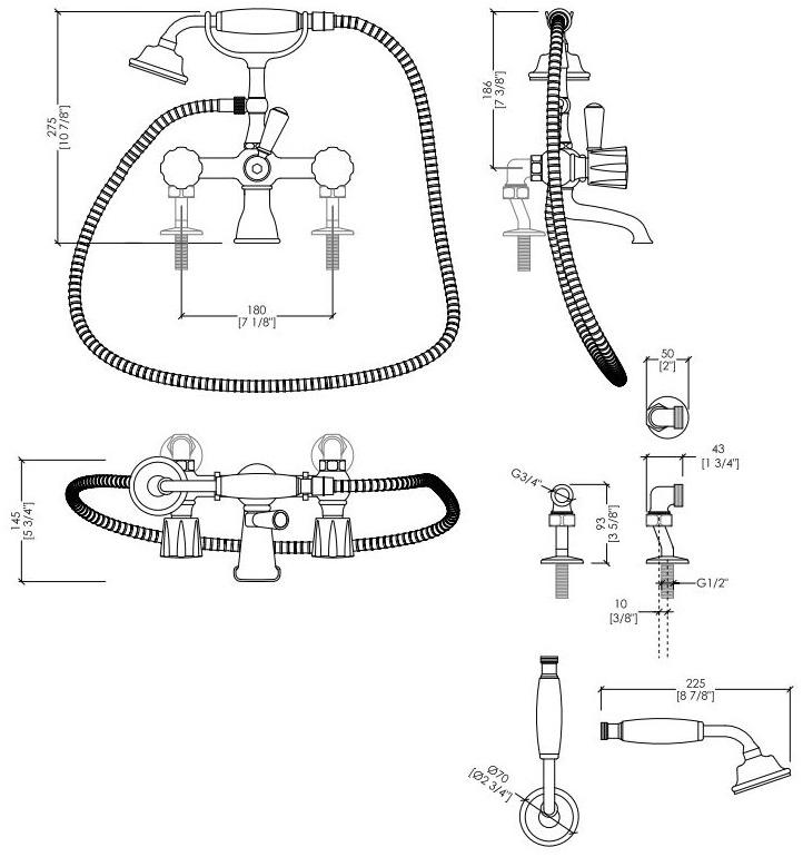 Devon&Devon Комплект для ванны на 3 отверстия с ручным душем Black morris Ddmrbl333bcr - Вид №1