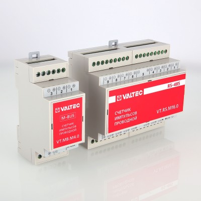 VT.RS.M16.0 Счетчик импульсов проводной универсальный c выходом RS-485 Valtec 16 каналов, внешнее питание, крепление на DIN-рейку, IP20  - Вид №1