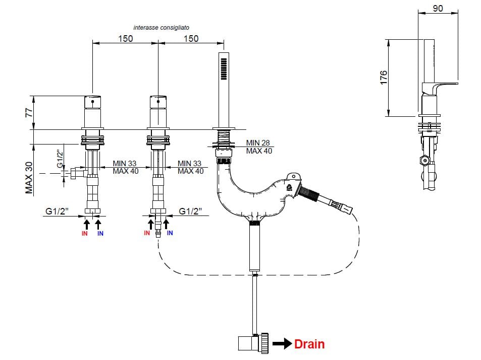 Смеситель для ванны с 3 отверстиями из латуни с ручным душем Rubinetterie Treemme Albatros ARCH-00091751 - Вид №1