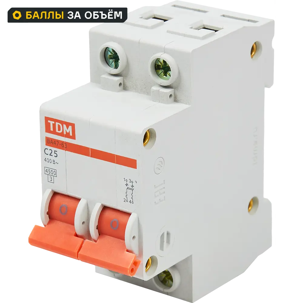 Автоматический выключатель TDM Electric ВА47-63 2P C25 А 4.5 кА SQ0218-0012 84399480 STLM-2014498 