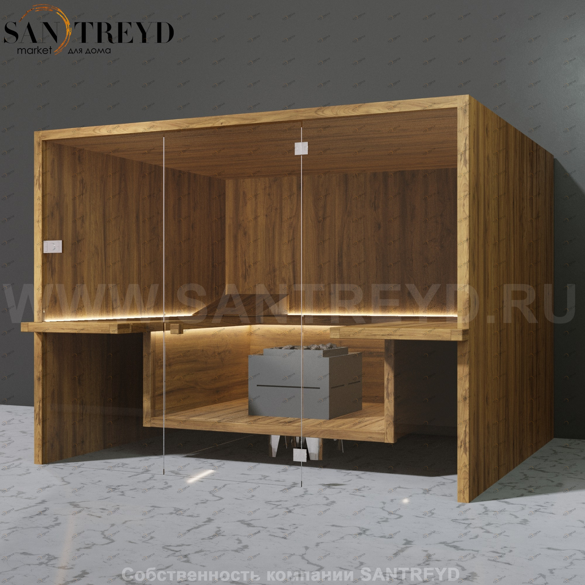 Effegibi AIR SA90120002 Сауна. Установка: к стене. Мощность: 12 кВт макс. Размеры: длина 283 см, ширина 252 см. Отделка: осина термообработанная.