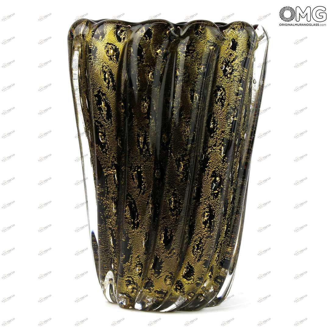 3900 ORIGINALMURANOGLASS Ваза Лотос - Чёрная с авантюрином - муранское стекло OMG 12 см 
