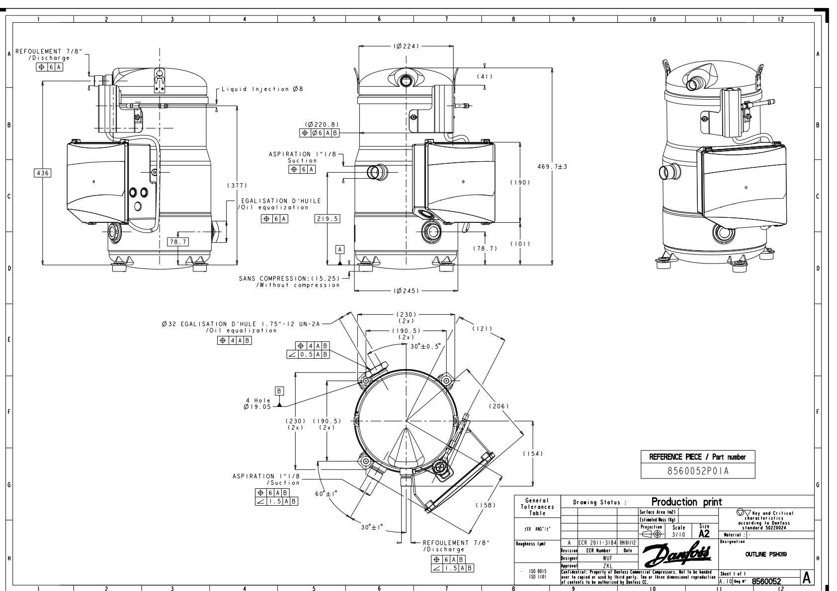 Danfoss PSH — Герметичные спиральные компрессоры, R410A PSH026A4CLD Компрессор спиральный 120H0935  - Вид №4