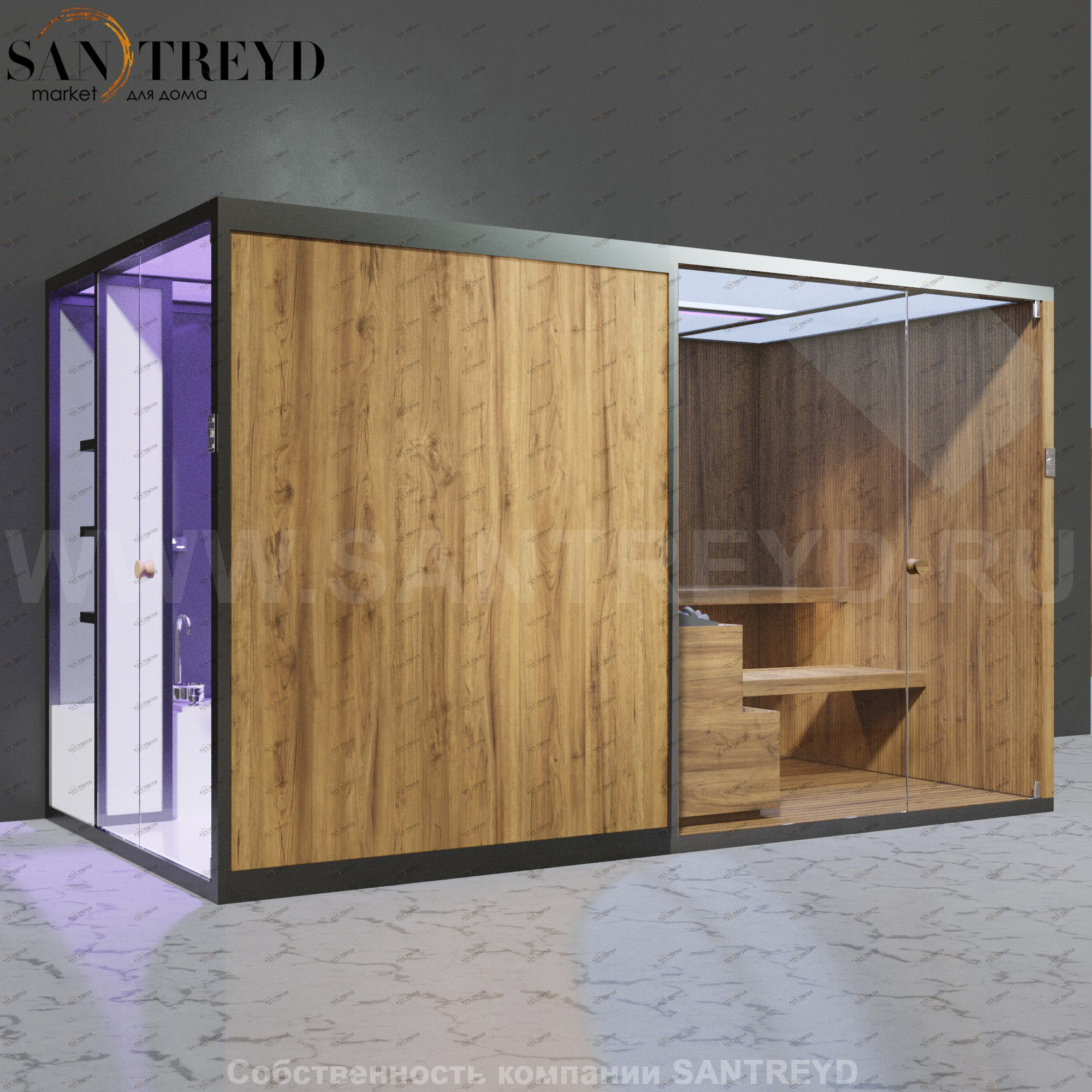 Effegibi BODYLOVE SH BL45230007 Боковая комбинированная баня: хаммам и сауна. Установка: к стене. Мощность: 15 кВт макс. Размеры: длина 393 см, ширина 176 см. Отделка: термообработанная древесина, гладкое стекло и гладкая термообработанная древесина.