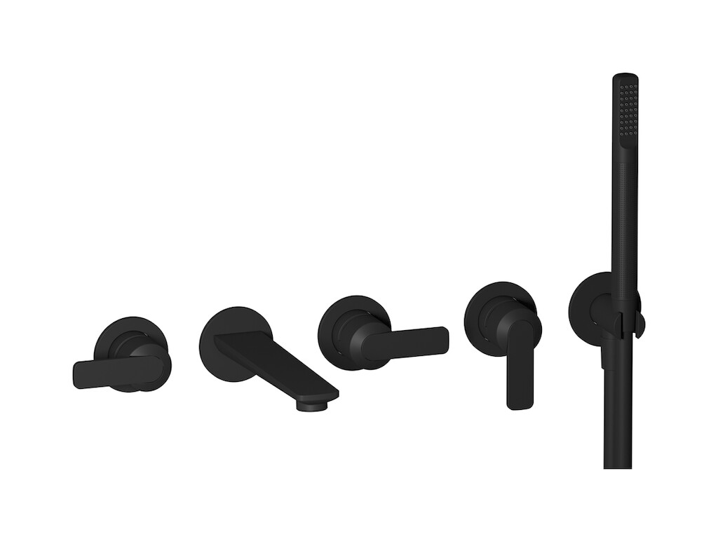 Настенный смеситель для ванной на 5 отверстий с дивертером и душевым гарнитуром. WE ARE IB c6398np Matt Black C-67