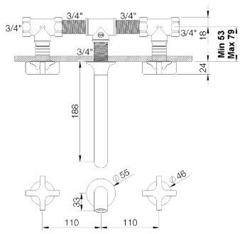 rvb Смеситель для умывальника настенный на 3 отверстия из хромированной латуни Times 4073.--.50 - Вид №1
