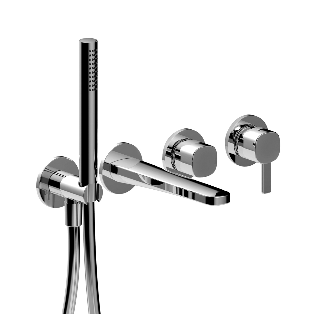 M120B+R021A  Встраиваемый смеситель для ваннывылет 15 см ручка переключатель на 2 потока с поворотной кнопкой ручная лейка FIT шланговое подсоединение с держателем для ручной лейки гибкий шланг 150 см ПВХ впуски 1/2'' Fantini Rubinetti LAMÉ LAME