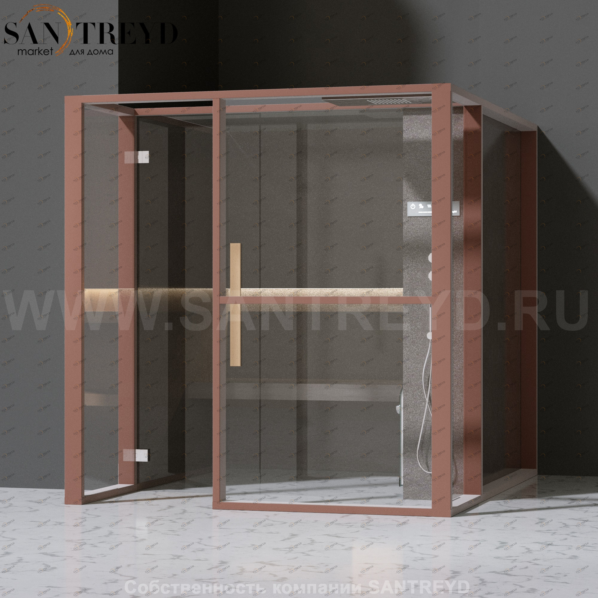 Effegibi LOGICAFILO H LO31030013 Хаммам. Установка: в левый  полуугол. Правая дверь. Мощность: 4,5 кВт макс. Размеры: длина 214 см, ширина 250 см. Отделка: матовый лакированный коричневый аллюминий и темный ламинат из керамогранита.