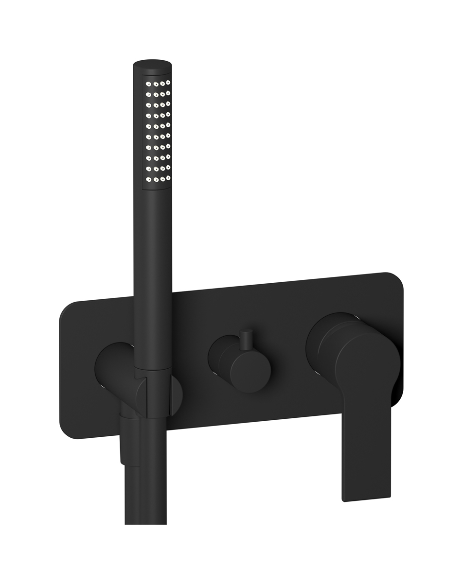 Внешние части встроенного в стену смесителя на 2 потребителя в комплекте с душевым гарнитуром. WE ARE IB wo398np Matt Black Whynot