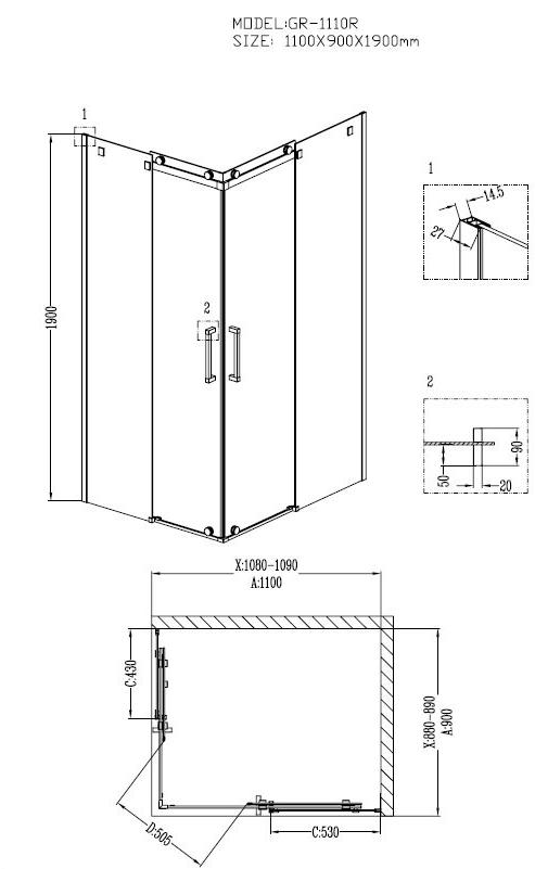 Душевое ограждение GROSSMAN GR-1110R Cosmo 110*90*190 прямоугольник, двери раздвижные - Вид №1