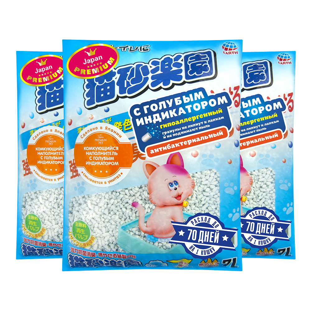 ПР0046982*3 Наполнитель для кошачьего туалета ультракомкующийся с голубым индикатором, 7л (упаковка - 3 шт) Japan Premium Pet 