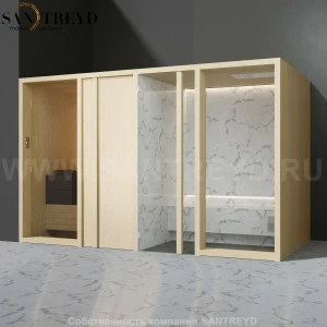 Effegibi YOKU.D SH YO.20110003 Комбинированная баня: хаммам и сауна. Установка: в левый угол. Мощность: 10,5 кВт макс. Размеры: длина 342 см, ширина 170 см. Отделка: осина термообработанная и светлый керамогранит