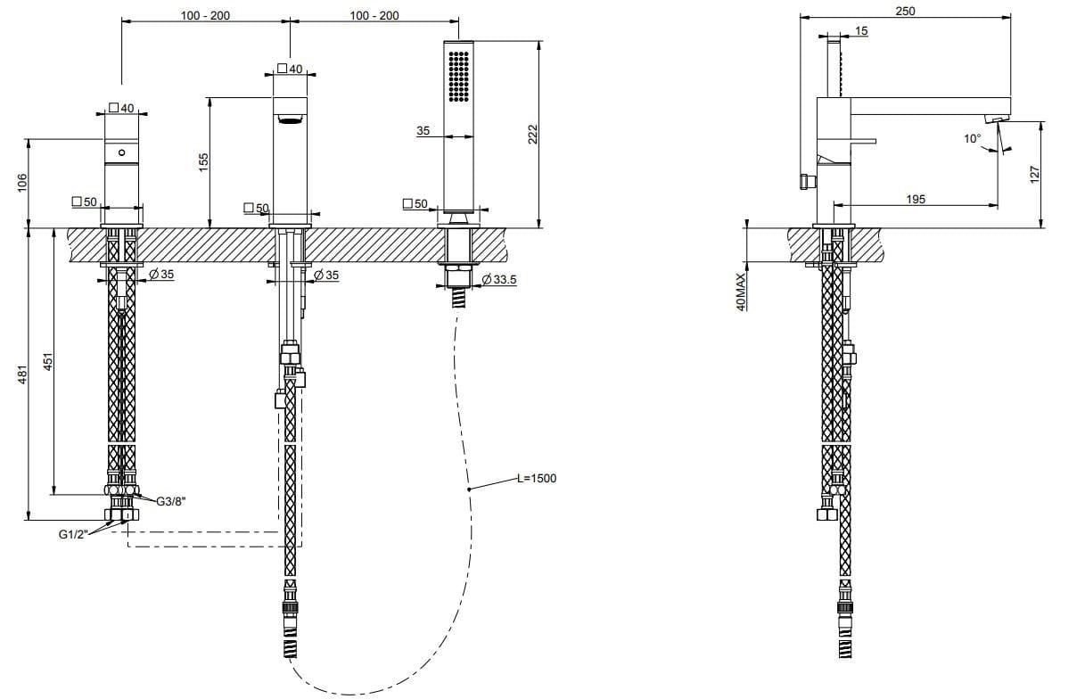 Латунный смеситель для ванны с ручным душем Gessi прямоугольник ARCH-00032907 - Вид №2