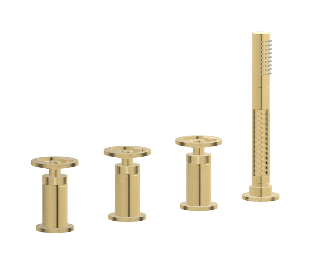 Смеситель на бортик ванной на 4 отверстия с изливом, дивертером и душевым гарнитуром. WE ARE IB b1397os Brushed Gold Bold