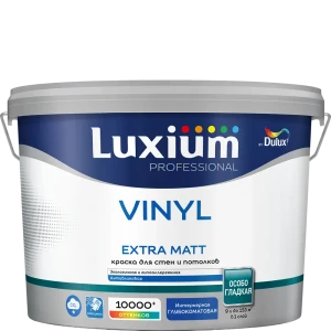 Краска для внутренних покрытий моющаяся Luxium Vinyl Em глубокоматовая цвет прозрачный база BC 9 л