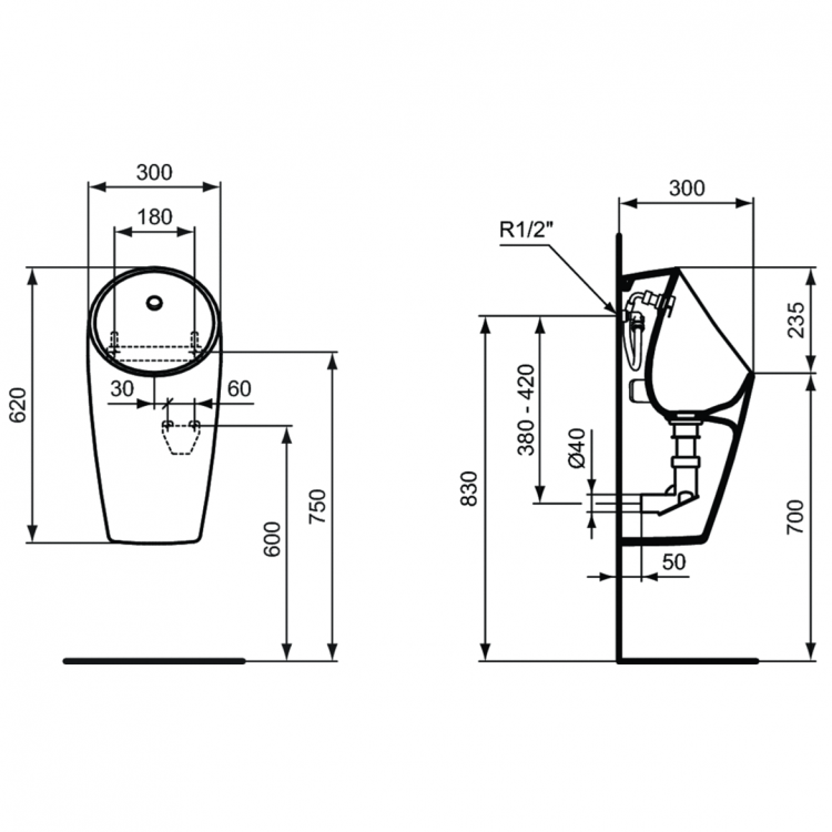 E208501 MAXI Smart Hybrid Писсуар со встроенным датчиком, задняя подводка Ideal Standard SPHERO - Вид №8