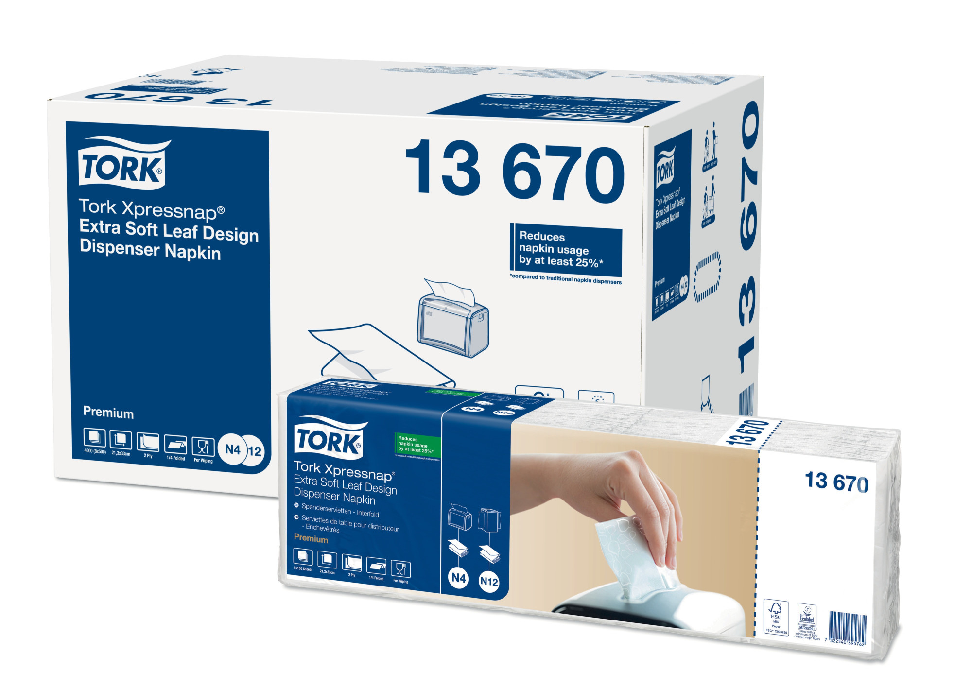 1367042 Экстрамягкие белые диспенсерные салфетки Xpressnap® с декором в виде листьев Tork 