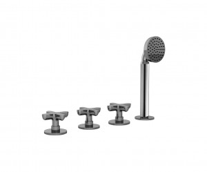 R067  Набортный смеситель для ванныручки без излива на 4 отверстия переключатель на 2 потока с поворотной кнопкой ручная лейка ICONA гибкий шланг 150 см картридж керамический 90° впуски 1/2'' подводка Fantini Rubinetti ICONA CLASSIC