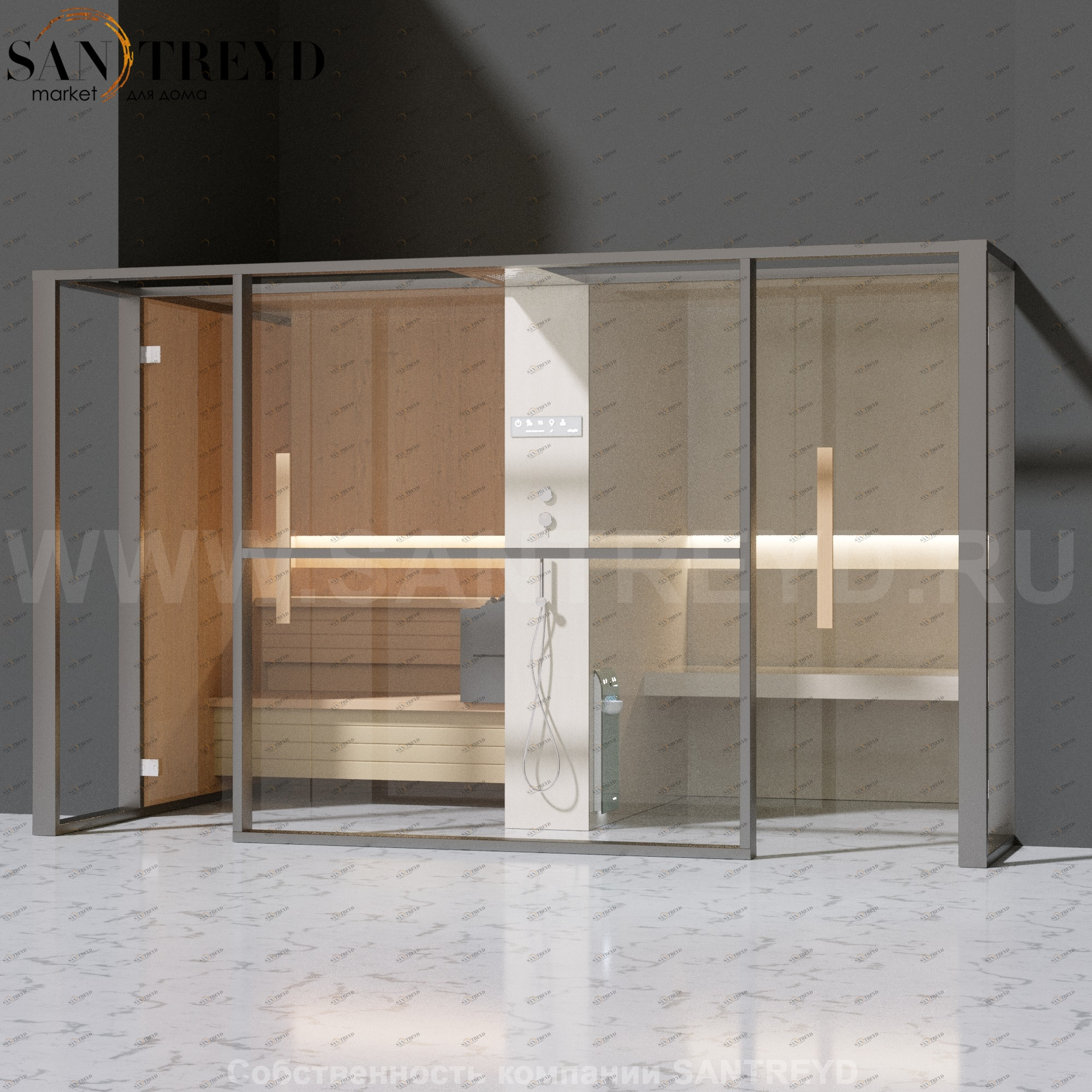 Effegibi LOGICAFILO LO11010009 Комбинированная баня: хаммам и сауна. Установка: в полунишу. Мощность: 10,5 кВт макс. Размеры: длина 373 см, ширина 250 см. Отделка: канадский хемлок, матовый лакированный серый аллюминий и бежевый ламинат из керамогранита.