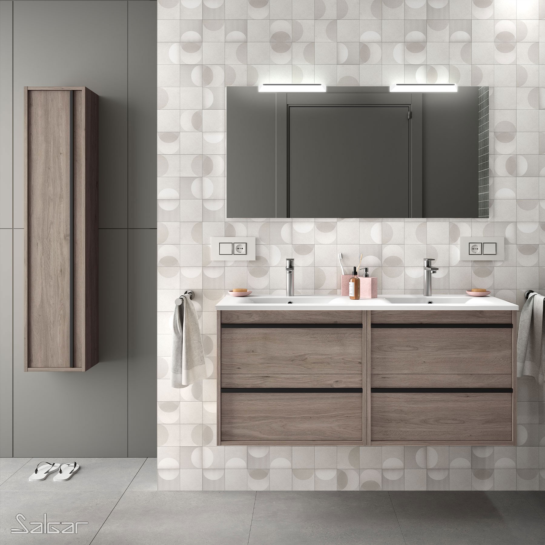 84958 SALGAR Комплект мебели для ванной ATTILA 1200 ETERNITY OAK + Раковина + Зеркало + Свет Робл Вечность