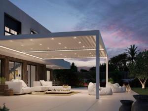 Биоклиматическая пергола из алюминия с регулируемыми ламелями и освещением