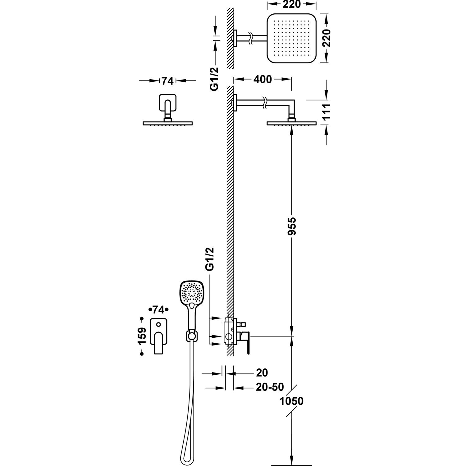 Комплект смесителя для душа с 2-сторонним скрытым расположением на чердаке с одной ручкой-20018007 TRES  - Вид №1
