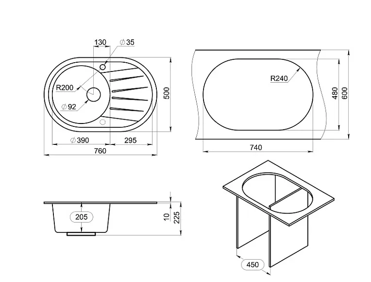 7601, ЧЁРНЫЙ, кухонная мойка, СтандАРТ кварц GRANULA Standart 7601-ST50 - Вид №2