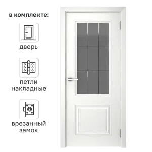 Дверь межкомнатная со стеклом Скин 2 60x200 см эмаль белый с замком и петлями 85061983 STLM-2043737