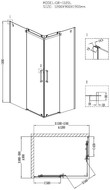 Душевое ограждение GROSSMAN GR-1120L Cosmo 120*90*190 прямоугольник, двери раздвижные - Вид №1