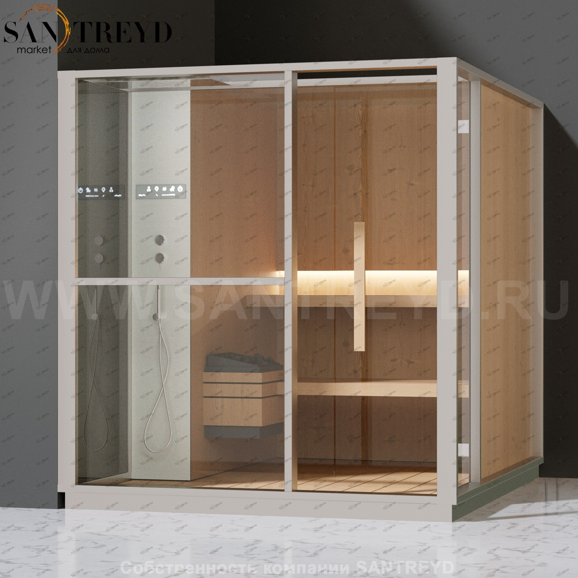 Effegibi LOGICA S LO20020006 Сауна. Установка: в левый угол. Левая дверь. Мощность: 6 кВт макс. Размеры: длина 214 см, ширина 250 см. Отделка: канадский хемлок, матовый лакированный белый аллюминий и серый ламинат из керамогранита.