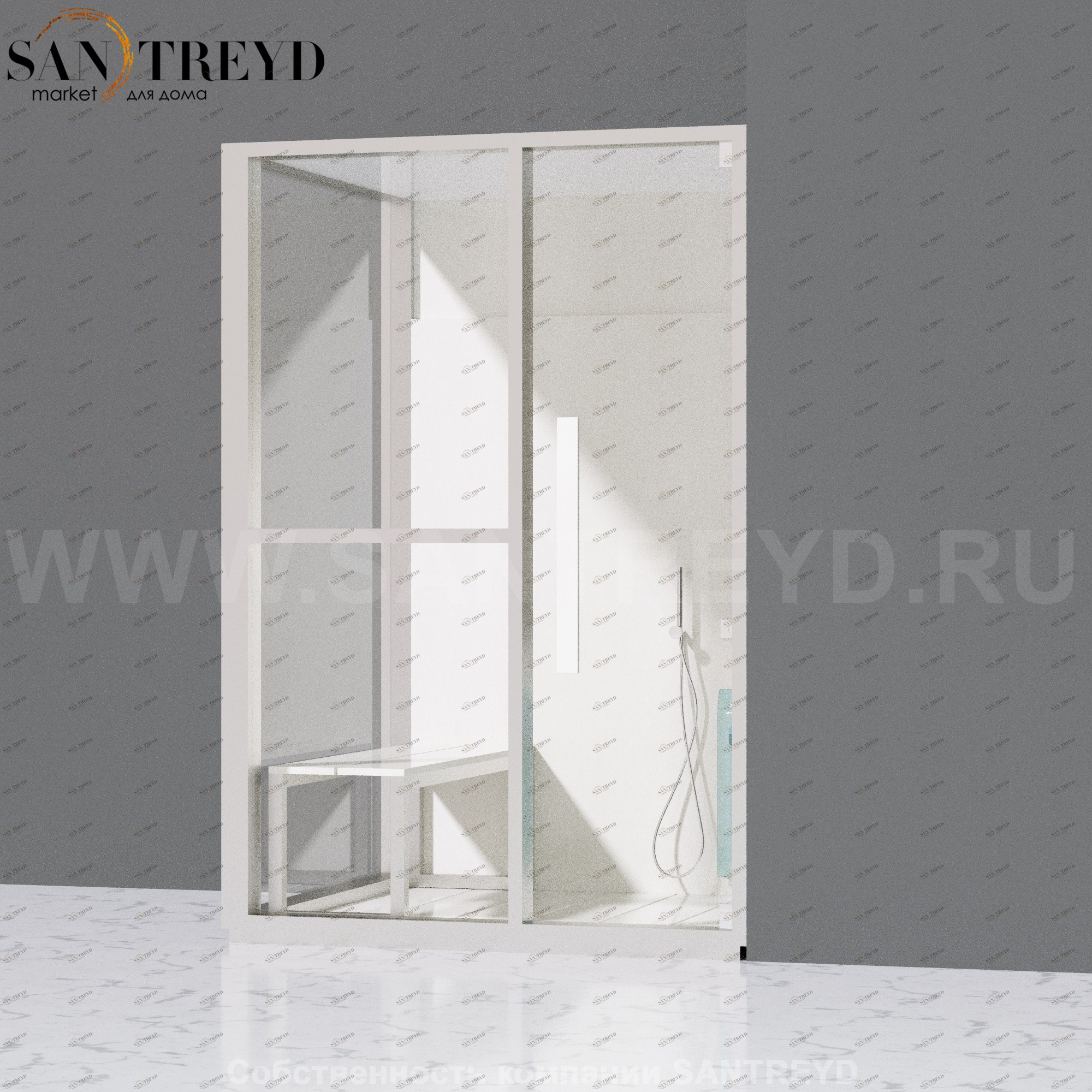 Effegibi H MEDIUM LO81020006 Комбинированная баня: хаммам и душ. Установка: в правый угол. Левая дверь. Мощность: 3 кВт макс. Размеры: длина 152 см, ширина 102 см. Отделка: матовый лакированный белый аллюминий и серый ламинат из керамогранита.