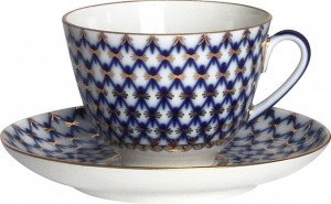 10547104 Императорский фарфоровый завод Чашка чайная с блюдцем "Кобальтовая сетка" "Весенняя Фарфор твердый