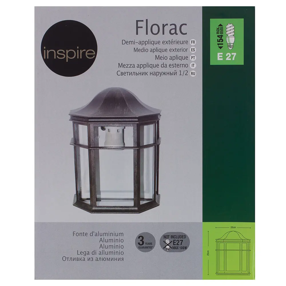 Настенный светильник уличный Inspire «Florac» 100 Вт IP23, стекло, цвет чёрный 18504354 STLM-2019418  - Вид №3