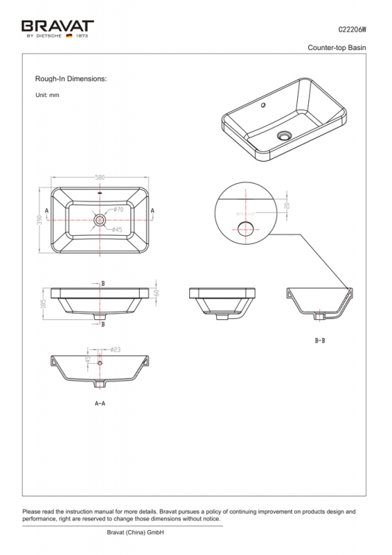C22206W-ENG Накладная раковина на столешницу  овальная Bravat  - Вид №2