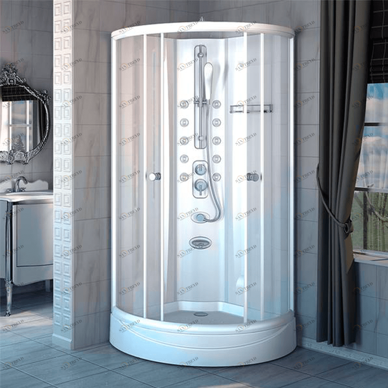 Душевая кабина "Паола 1", стеклянные шторки (прозрачные), поддон на раме-подставке с устройством слива, боковые стенки, стойка без гидромассажа (смеситель, излив, душевая лейка), стеклянная полочка Radomir 1051000570