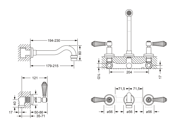 Смеситель для раковины на 3 отверстия ½", настенный монтаж, внешняя часть JOERGER Delphi Deco 129.30.360.000-AA - Вид №1