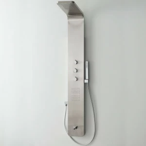 Термостатическая душевая стойка со встроенным восковым термоэлементом и структурой из сатинированной нержавеющей стали. Встроенная лейка для душа, опора для ручного душа, закрепленная на стойке или на стене, и излив наливной трубы. Дополнительный ручной д