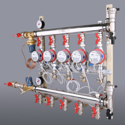 VT.GPA.06S04.L3 Узел этажный для поквартирного учета тепловой энергии с автоматическим регулятором перепада давлений Valtec 1", 3 вых., ввод слева  - Вид №1