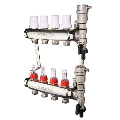 VTc.589.EMNX.0610 Коллекторный блок из нержавеющей стали с регулировочными клапанами и расходомерами Valtec 1", 10 x 3/4", «евроконус» 