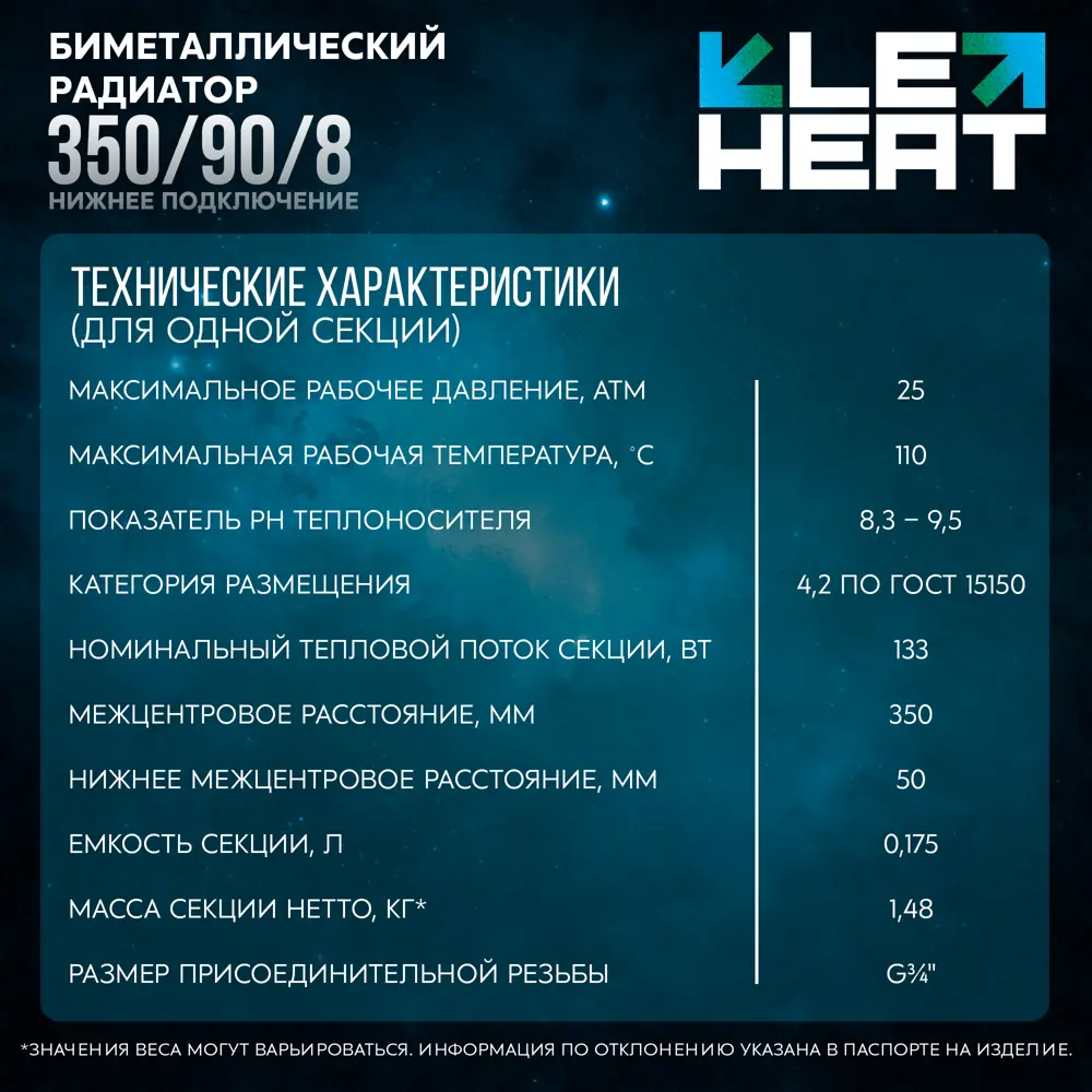 Радиатор секционный Le Heat Bimetal 350/90 8 секций нижнее подключение биметалл белый 89423782 STLM-2073819  - Вид №12
