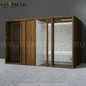 Effegibi YOKU.D SH YO.20310004 Комбинированная баня: хаммам и сауна. Установка: к стене Мощность: 10,5 кВт макс. Размеры: длина 342 см, ширина 170 см. Отделка: чёрный орех и светлый керамогранит