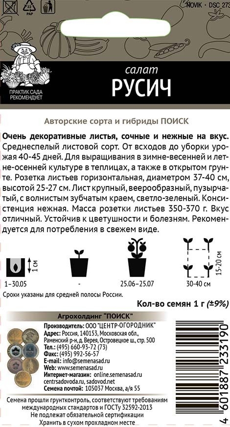 Семена салата Русич от ПОИСК - неприхотливый сорт для вашего огорода 86217750 STLM-0066847 - Вид №1