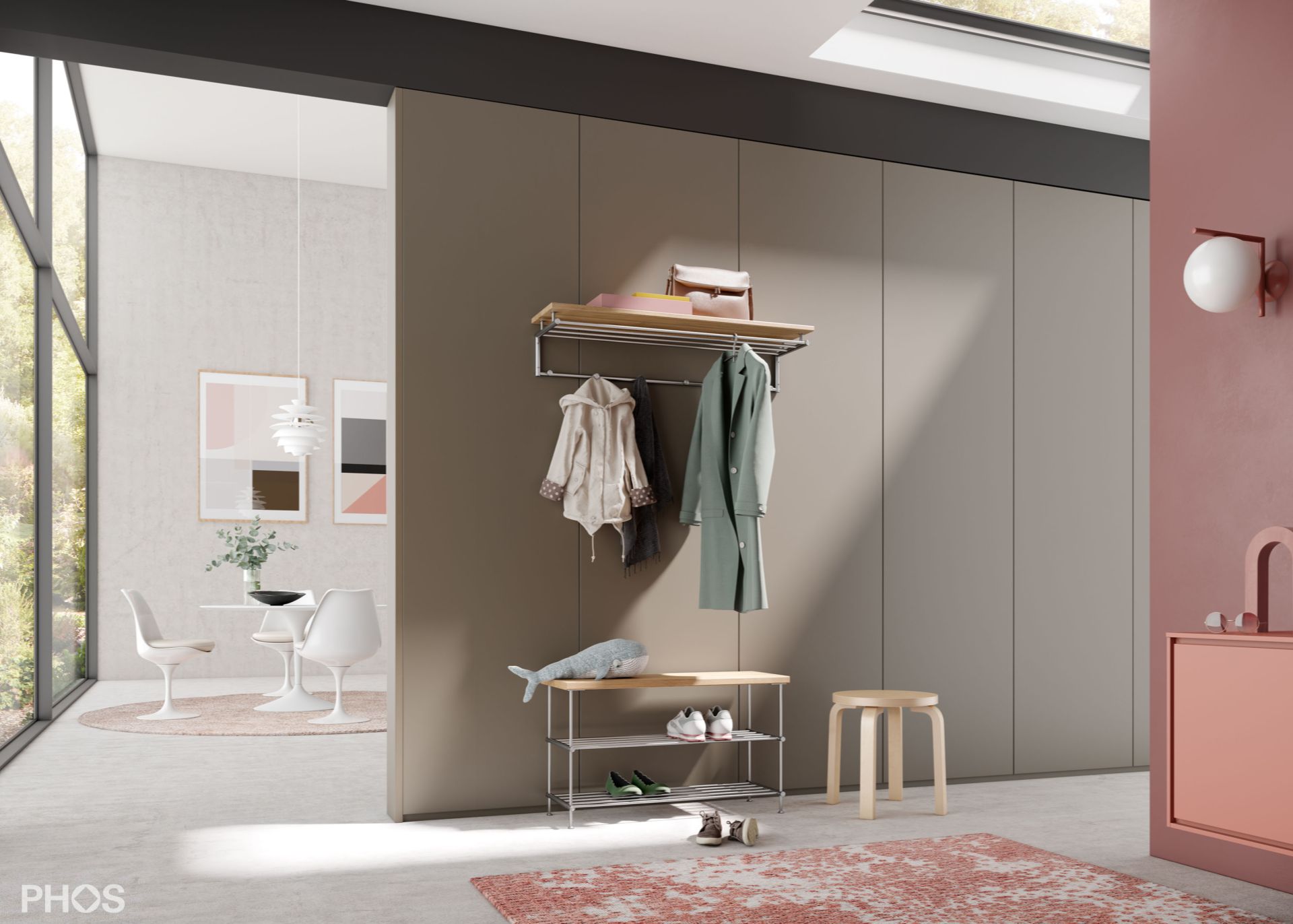 G17-700-Eiche Навесной шкаф g17 с 4 платяными штангами, 5 крючками и деревянной полкой из массива дуба - ширина 75 см PHOS  - Вид №1